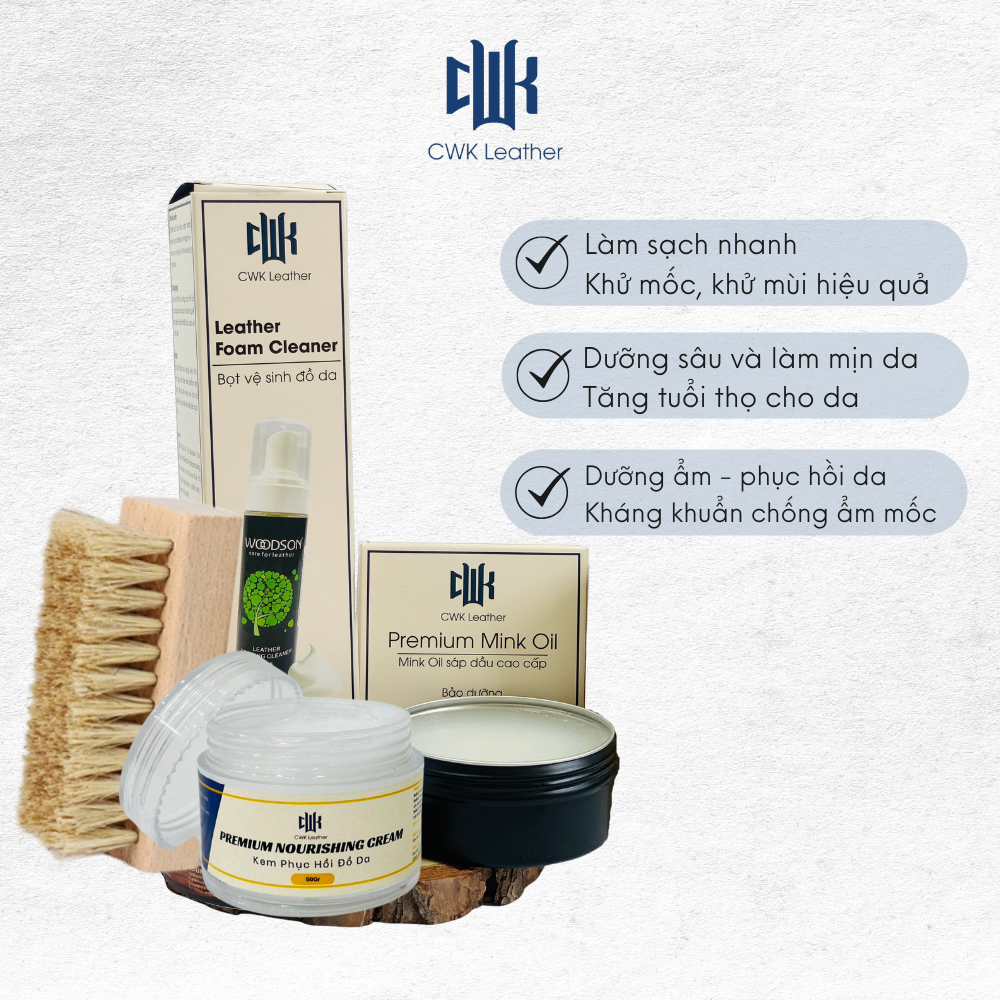 Bộ vệ sinh phục hồi đồ da Woodson áo da, giày da, túi, ví da (kèm bàn chải lông heo)