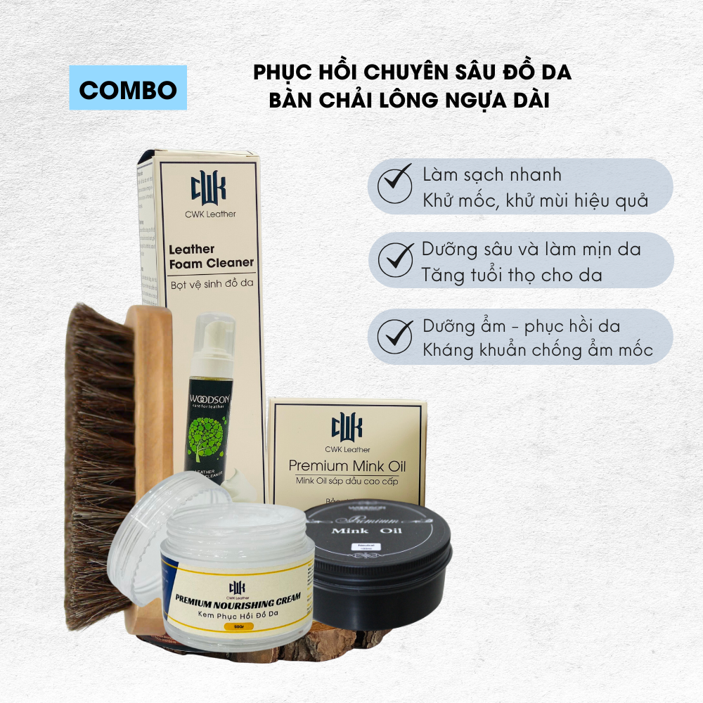 Bộ vệ sinh phục hồi đồ da Woodson áo da, giày da, túi, ví da (kèm bàn chải lông ngựa)