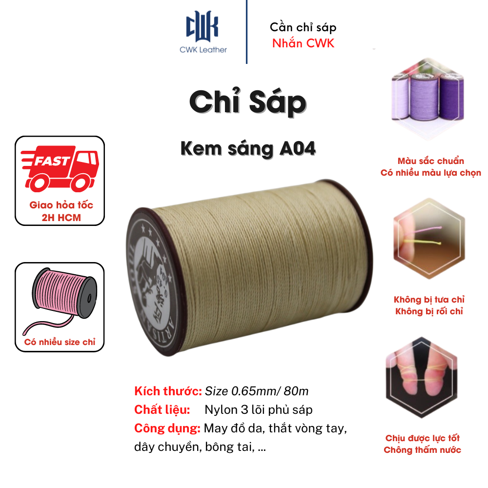 Chỉ sáp tròn thắt vòng tay, may đồ da handmade màu kem sáng size 0.65mm