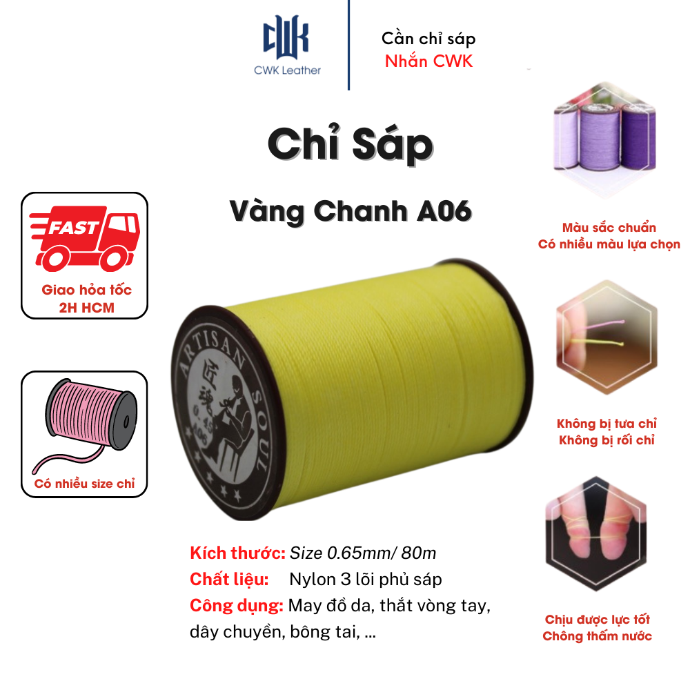 Chỉ sáp tròn thắt vòng tay, may đồ da handmade màu vàng size 0.65mm