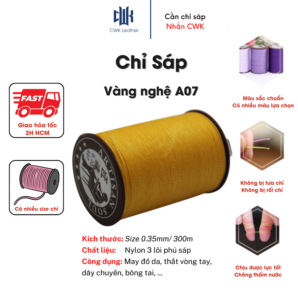 Chỉ sáp tròn khâu da handmade, thắt vòng tay macrame màu vàng nghệ size 0.35mm