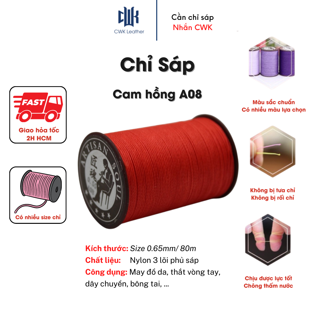 Chỉ sáp tròn thắt vòng tay, may đồ da handmade màu cam hồng size 0.65mm