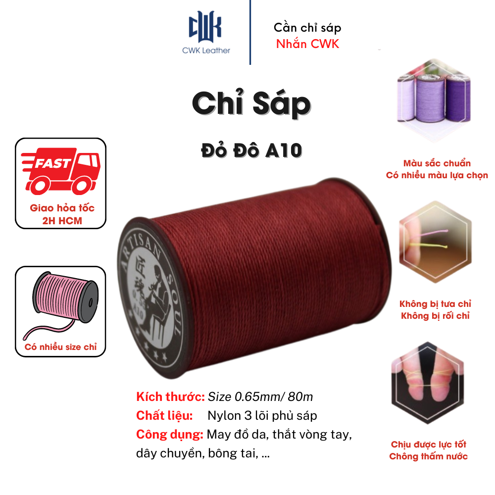 Chỉ sáp tròn thắt vòng tay, may đồ da handmade màu đỏ đô size 0.65mm