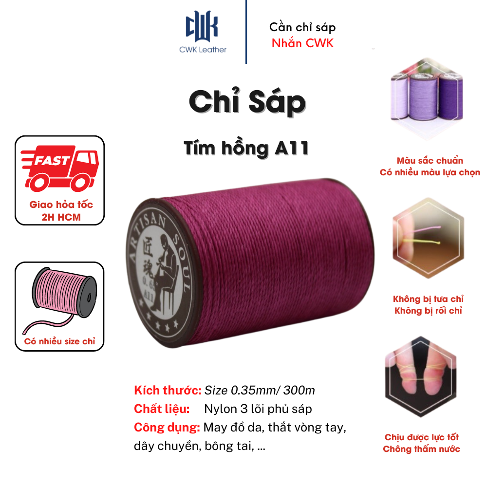 Chỉ sáp tròn may da handmade, thắt vòng tay macrame màu tím hồng size 0.35mm