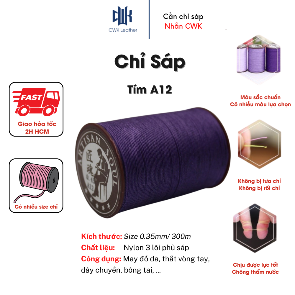 Chỉ sáp tròn may da handmade, thắt vòng tay macrame màu tím size 0.35mm