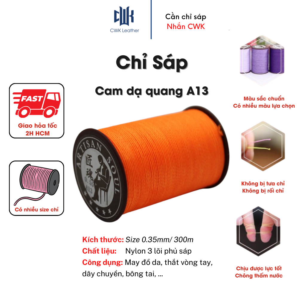 Chỉ sáp khâu da handmade, thắt vòng tay màu cam dạ quang size 0,35mm