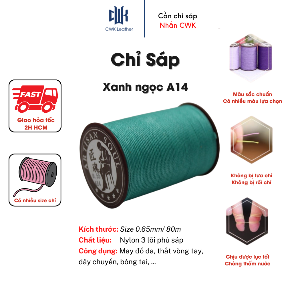 Chỉ sáp tròn thắt vòng tay, may đồ da xanh ngọc size 0.65mm