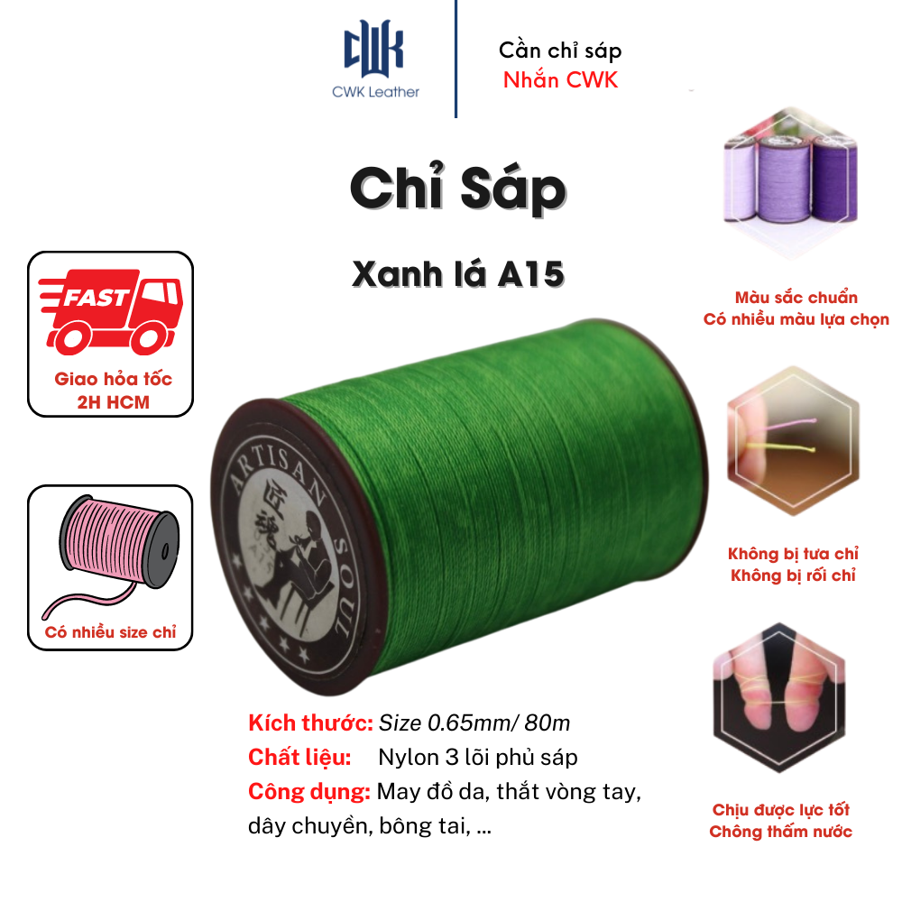 Chỉ sáp tròn thắt vòng tay handmade, may đồ da màu xanh lá size 0.65mm