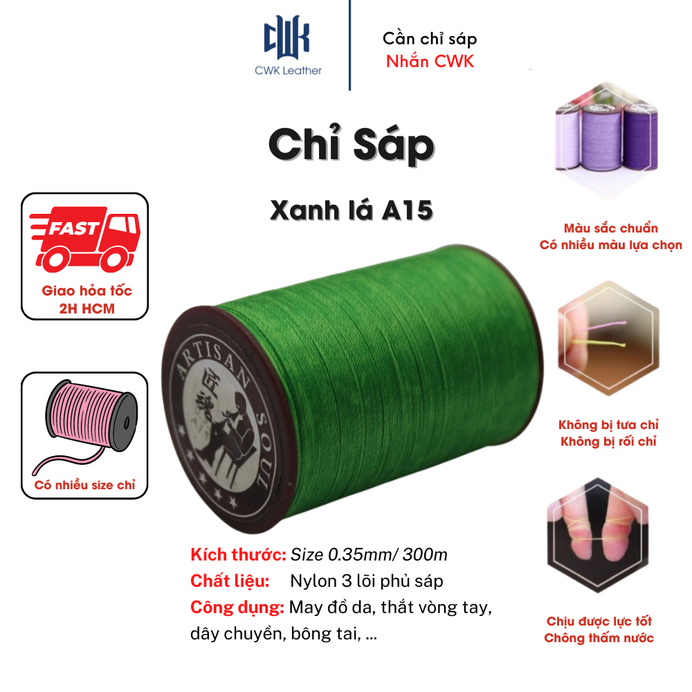 Chỉ sáp tròn may da handmade, thắt vòng tay màu xanh lá size 0.35mm