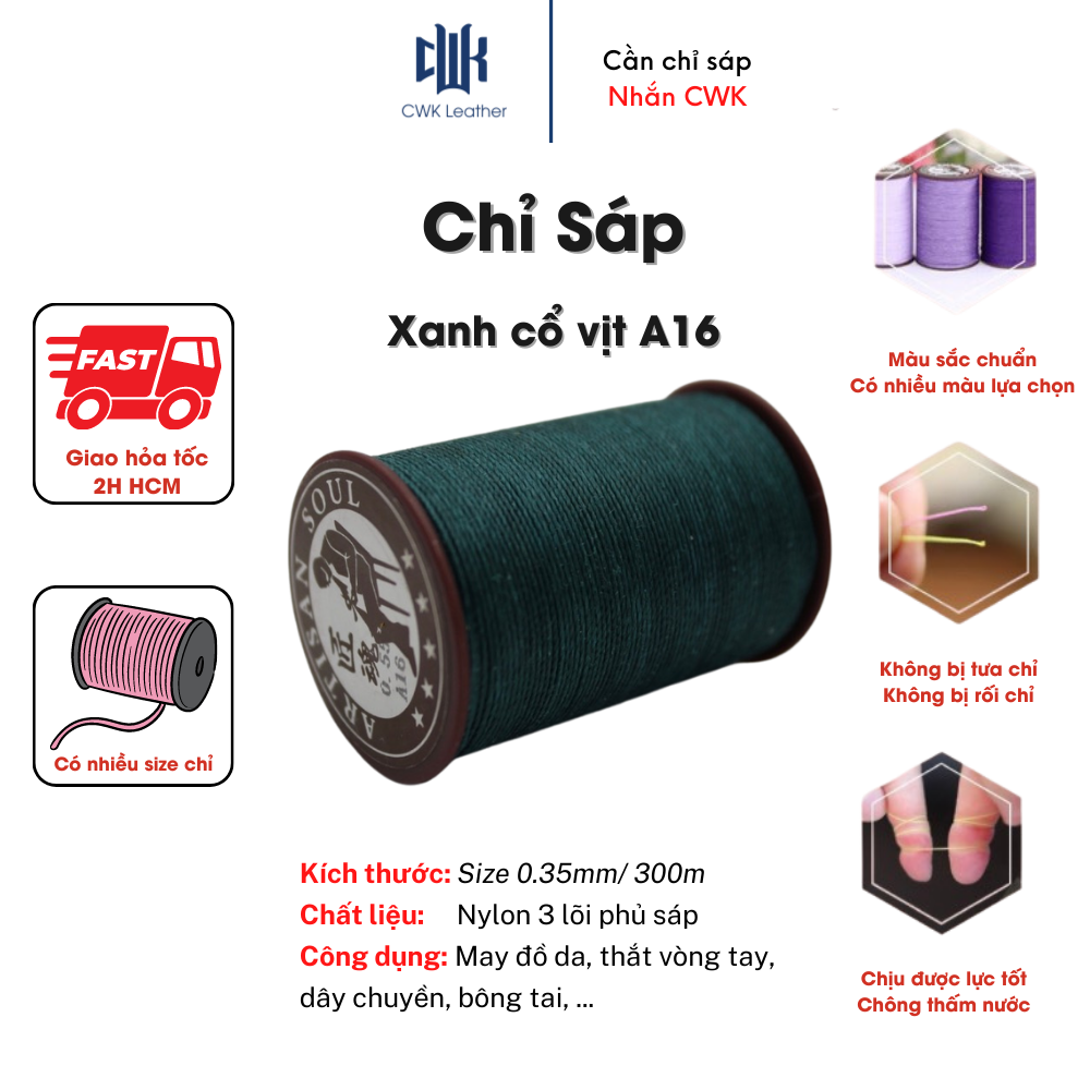 Chỉ sáp tròn may da handmade, thắt vòng tay màu cổ vịt size 0.35mm