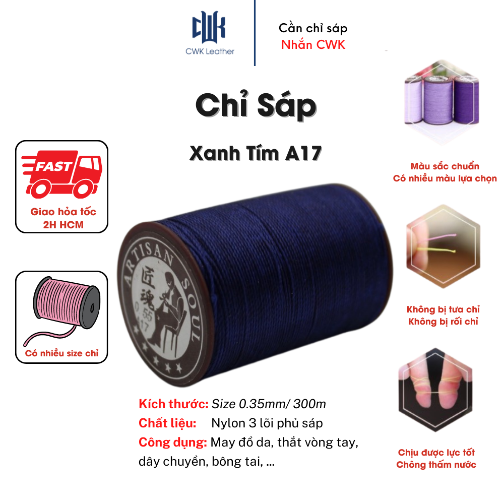 Chỉ sáp tròn may da handmade, thắt vòng tay màu xanh tím size 0.35mm