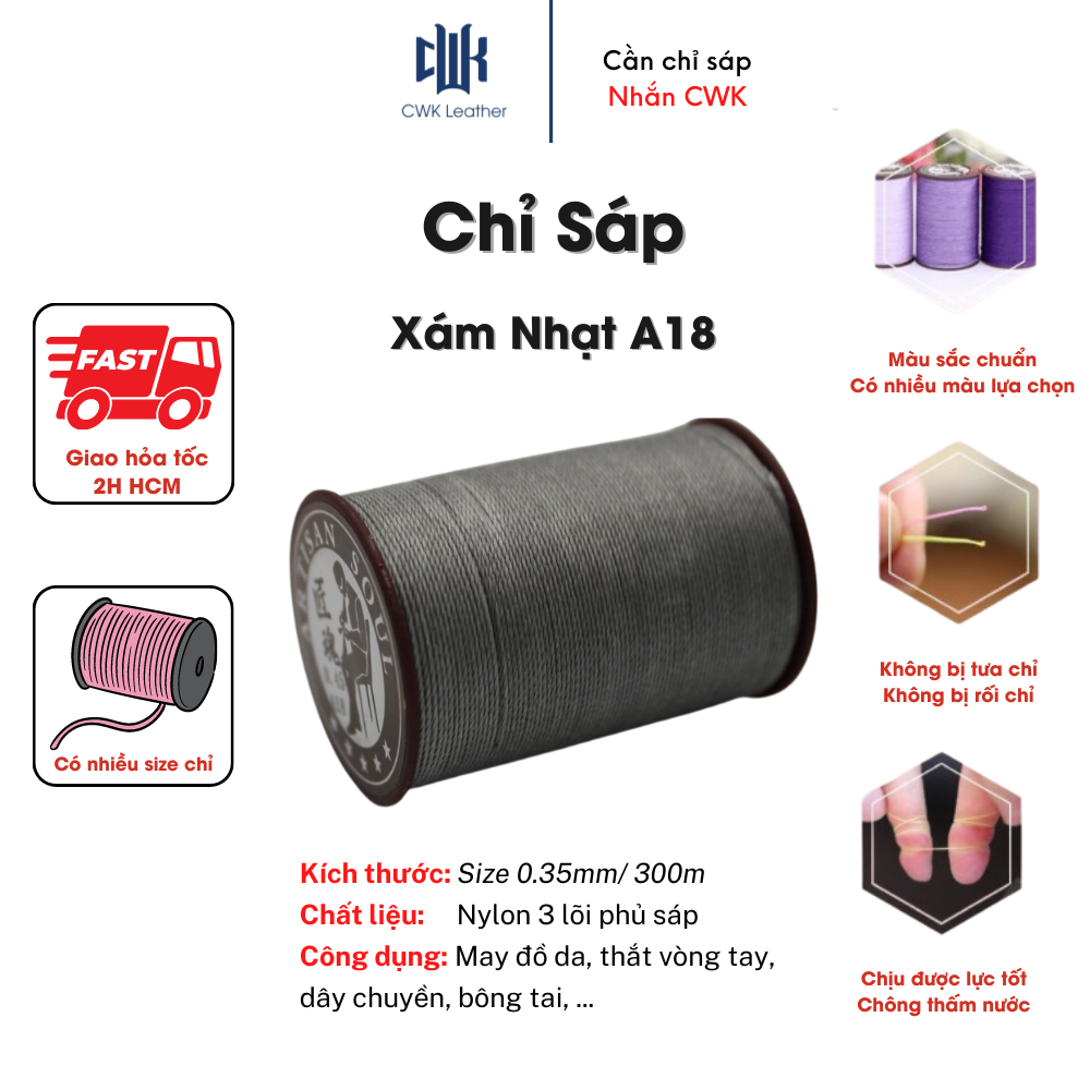 Chỉ sáp tròn may da handmade, thắt vòng tay màu xám nhạt size 0.35mm