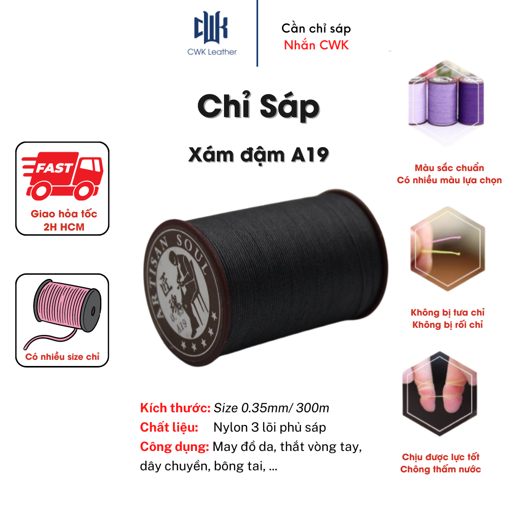 Chỉ sáp tròn may da handmade, thắt vòng tay màu xám đậm size 0.35mm