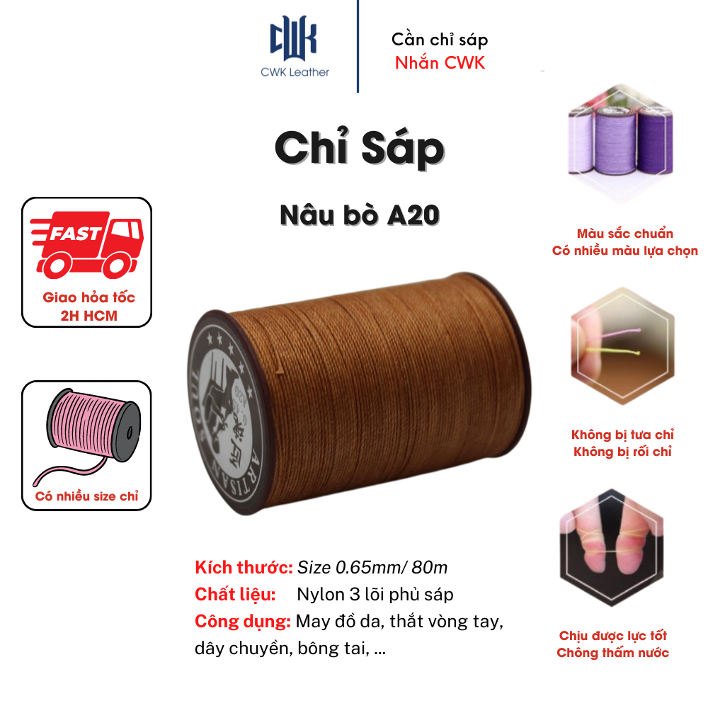 Chỉ sáp tròn thắt vòng tay, may đồ da handmade màu nâu bò size 0.65mm