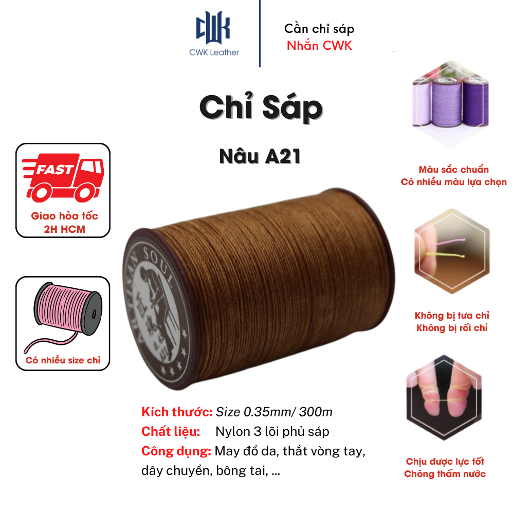 Chỉ sáp tròn may da handmade, thắt vòng tay màu nâu size 0.35mm