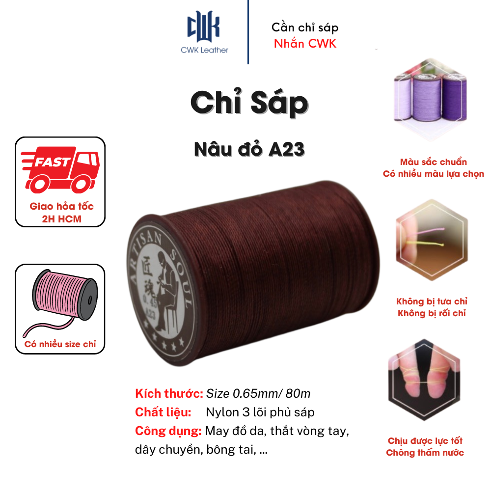 Chỉ sáp tròn thắt vòng tay, may đồ da handmade màu nâu đỏ size 0.65mm