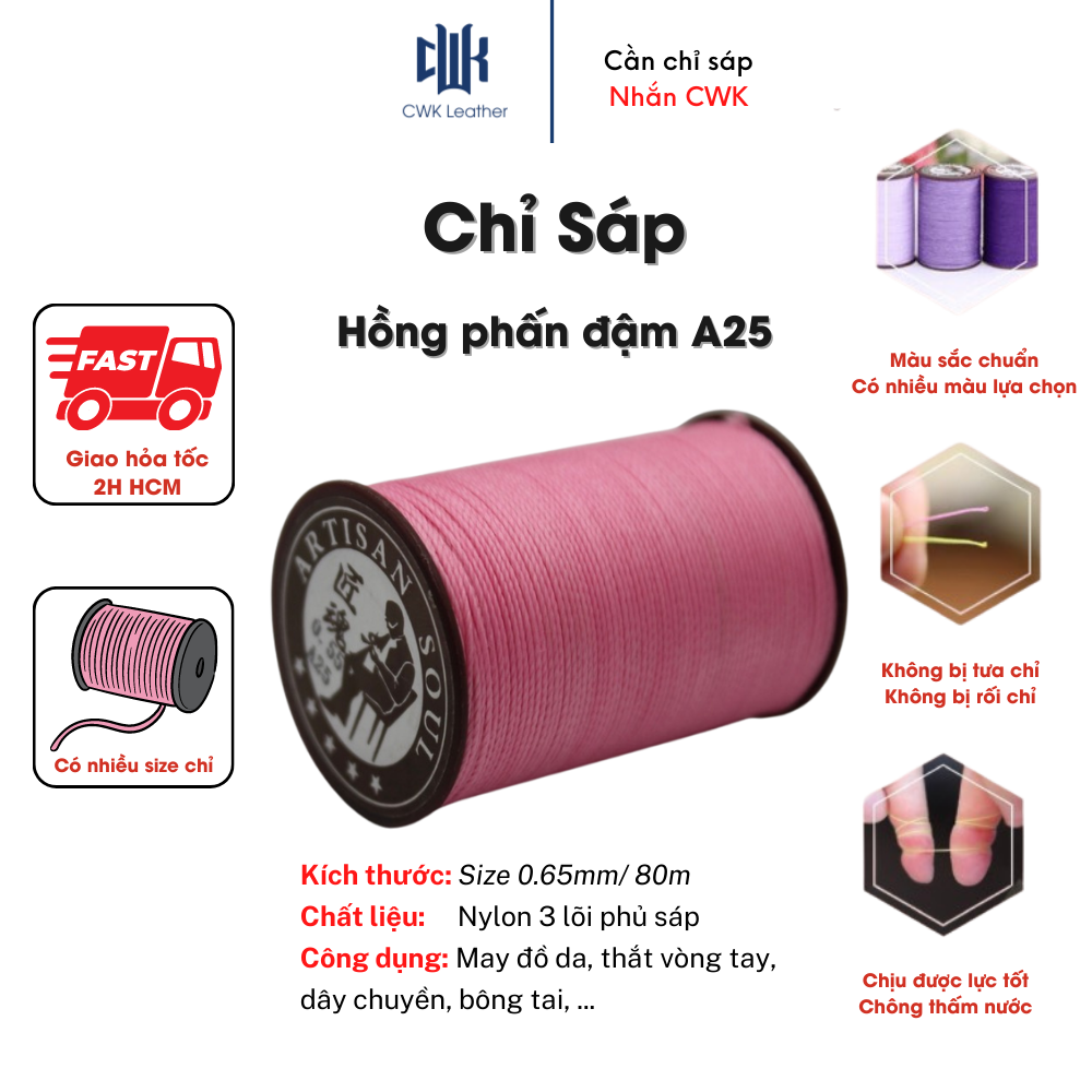 Chỉ sáp thắt vồng tay, may đồ da handmade màu hồng phấn đậm size 0.65mm