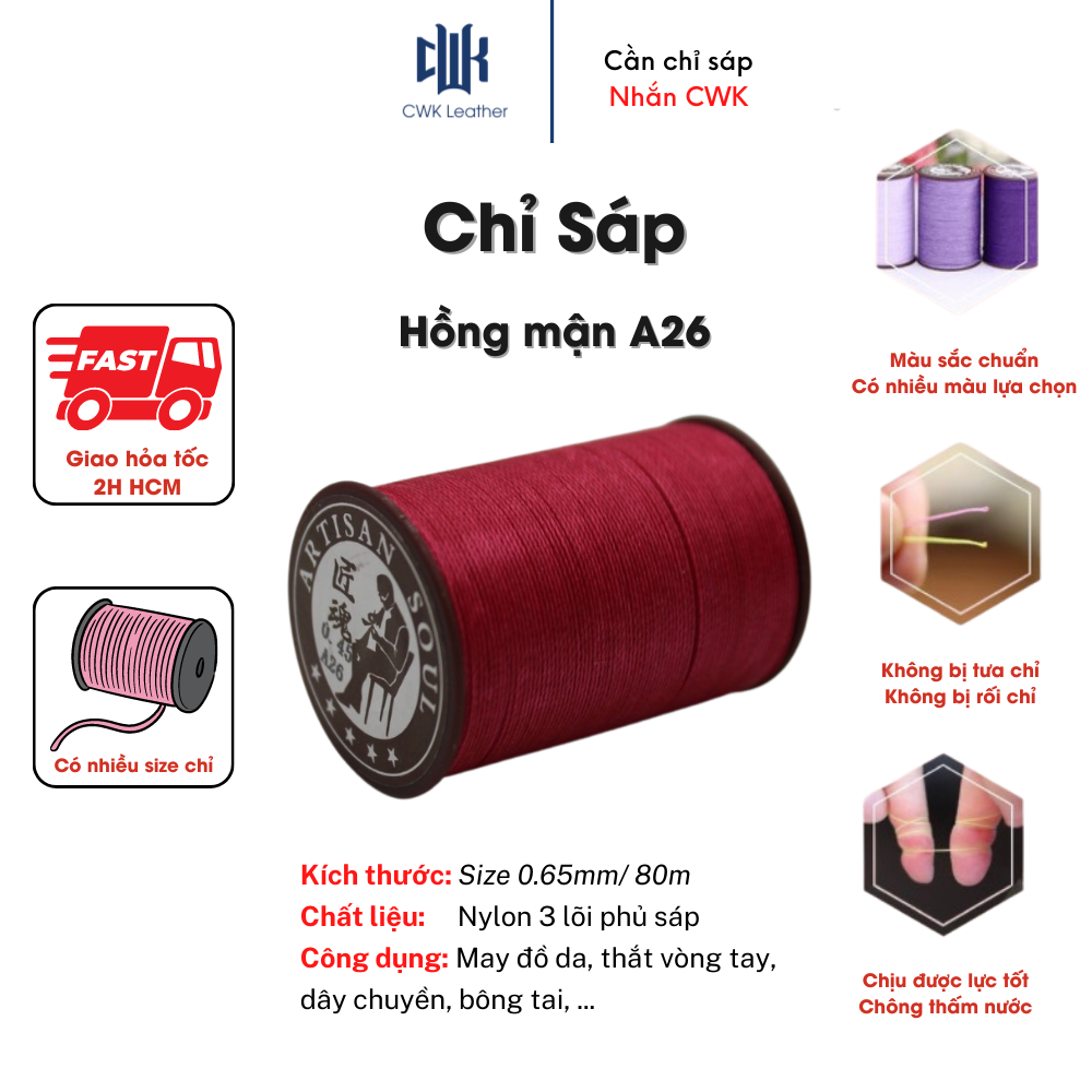 Chỉ sáp thắt vồng tay, may đồ da handmade màu hồng mận đậm size 0.65mm