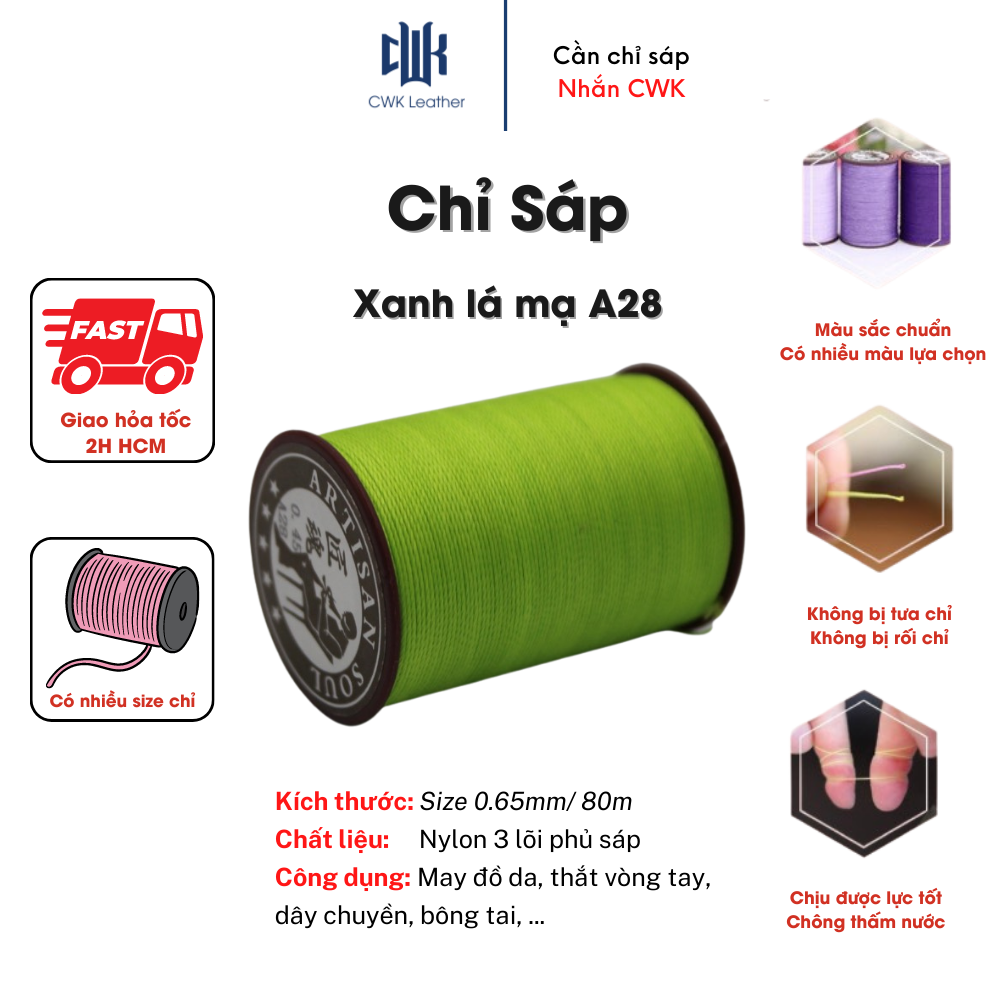 Chỉ sáp thắt vồng tay, may đồ da handmade màu xanh lá mạ size 0.65mm