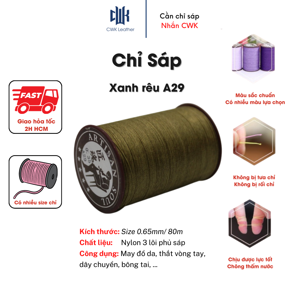 Chỉ sáp tròn thắt vòng tay, may đồ da handmade màu rêu size 0.65mm