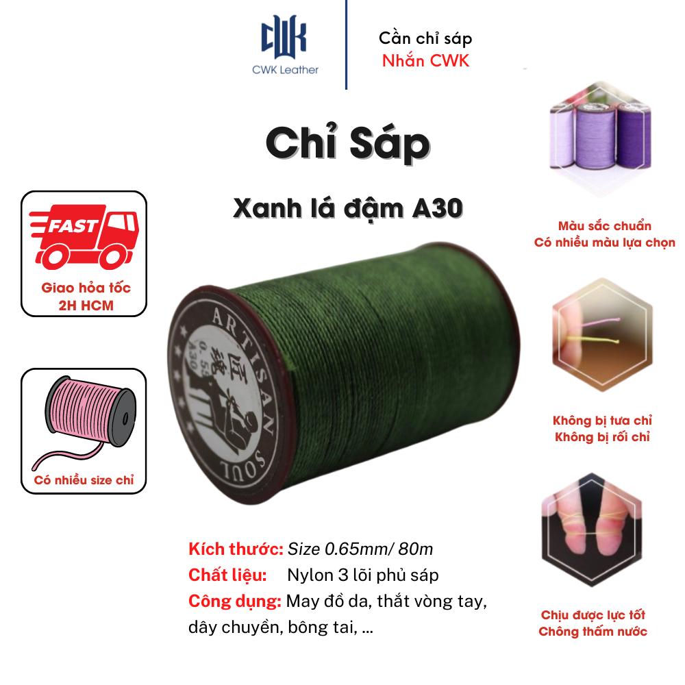 Chỉ sáp tròn thắt vòng tay, may đồ da handmade màu xanh lá đậm size 0.65mm