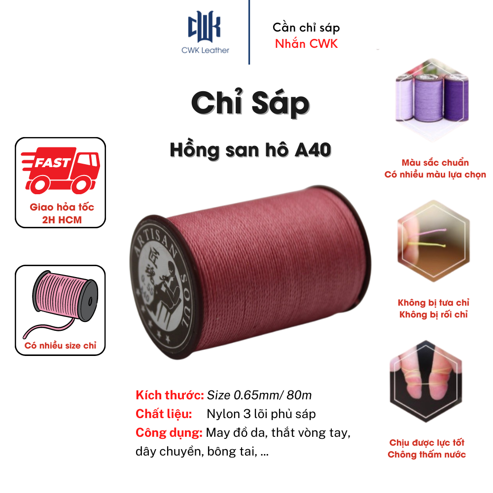 Chỉ sáp tròn thắt vòng tay, may đồ da handmade màu hồng san hô size 0.65mm