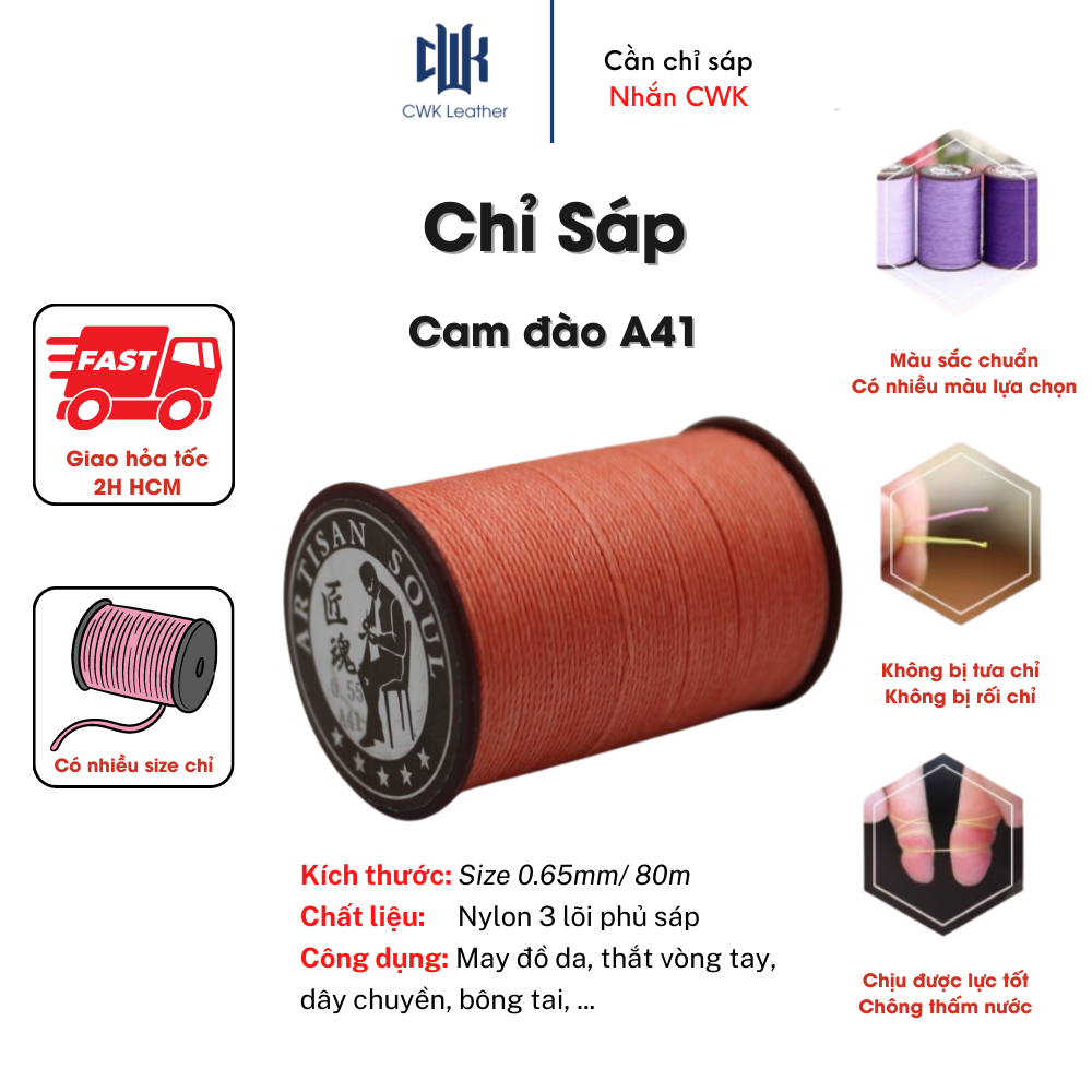 Chỉ sáp tròn may đồ da, thắt vòng tay cam đào size 0.65mm