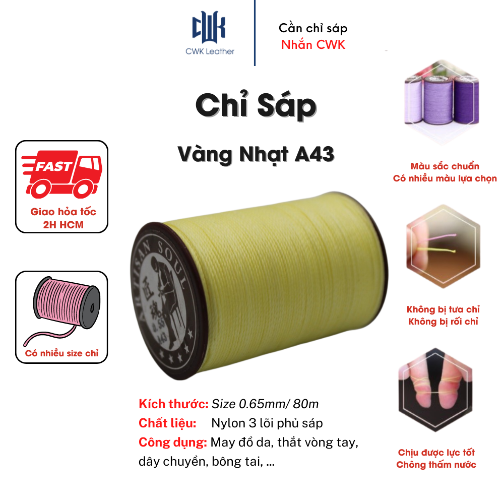 Chỉ sáp tròn thắt vòng tay, may đồ da handmade màu vàng nhạt size 0.65mmm