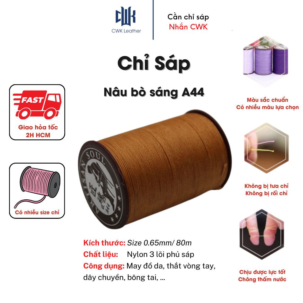 Chỉ sáp tròn thắt vòng tay, may đồ da handmade màu nâu bò sáng size 0.65mm