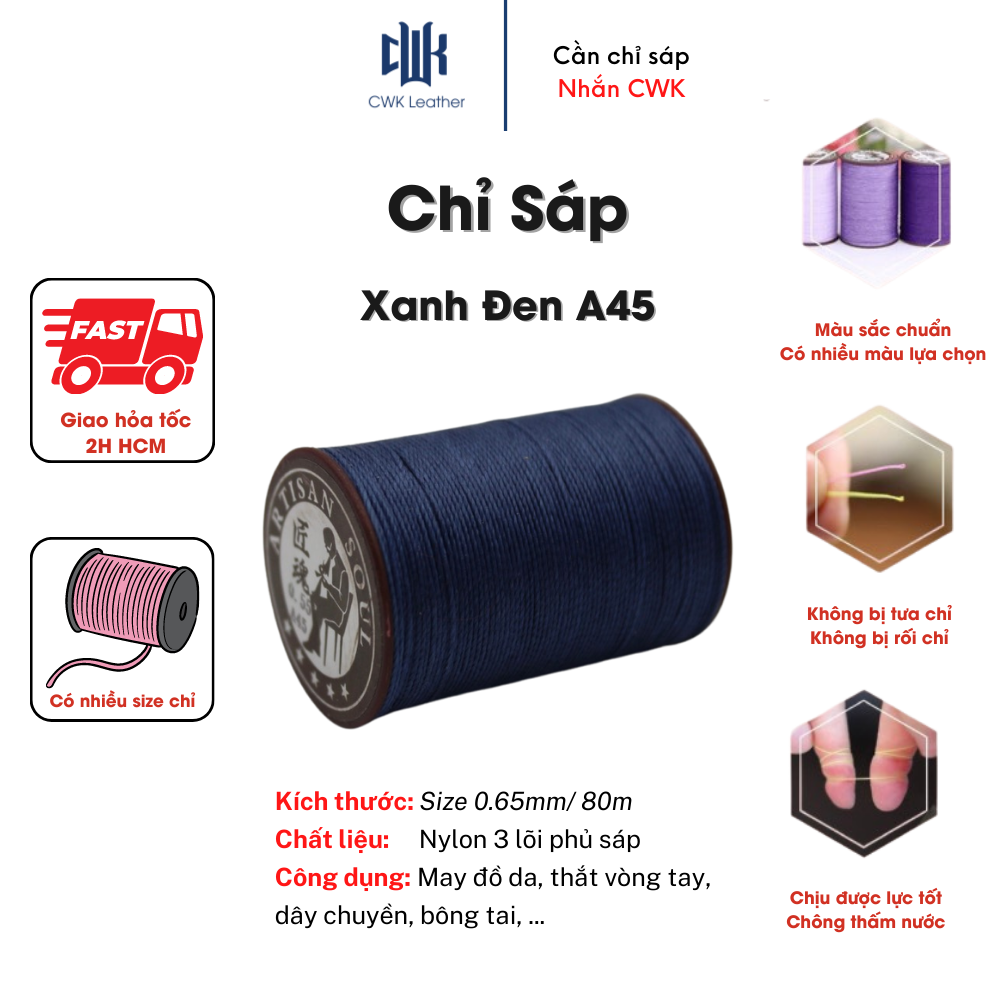 Chỉ sáp tròn thắt vòng tay, may đồ da handmade xanh đen size 0.65mm