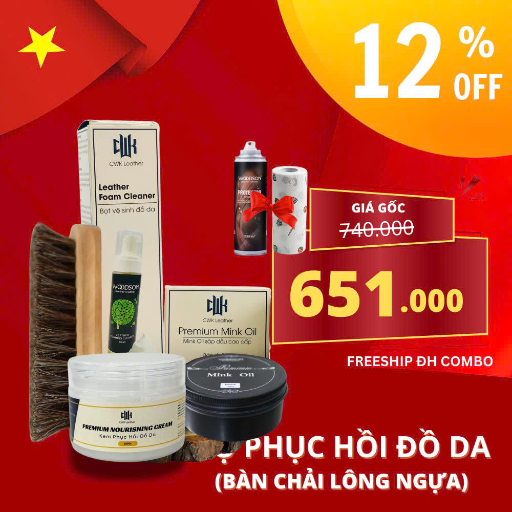 Bộ vệ sinh phục hồi đồ da Woodson áo da, giày da, túi, ví da (kèm bàn chải lông ngựa)